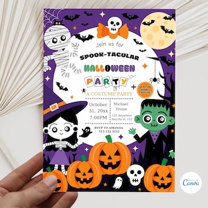 May include: A Halloween party invitation featuring cartoon illustrations of a mummy, witch, Frankenstein, pumpkins, bats, and a full moon against a purple backdrop. The text reads "Join us for SPOOK-TACULAR HALLOWEEN PARTY".