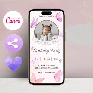 EDITABLE Butterfly Birthday Invitation Template, Pink Butterfly With Photo Kisses Invite, Girl First Birthday, Butterfly, Phone Party Evite