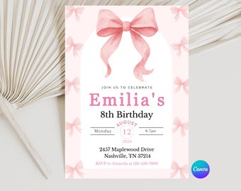Editable Pink Bow Birthday Invitation, Pink Coquette Bow Invite Canva Template, Ribbon Girls Birthday Party Invite, Digital Invite Card
