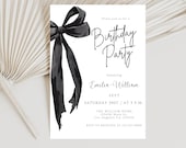 Editable Black Bow Birthday Invitation Template, Minimalist Black Bow Birthday Invite, Black Ribbon Coquette 30th 40th 50th Birthday Party