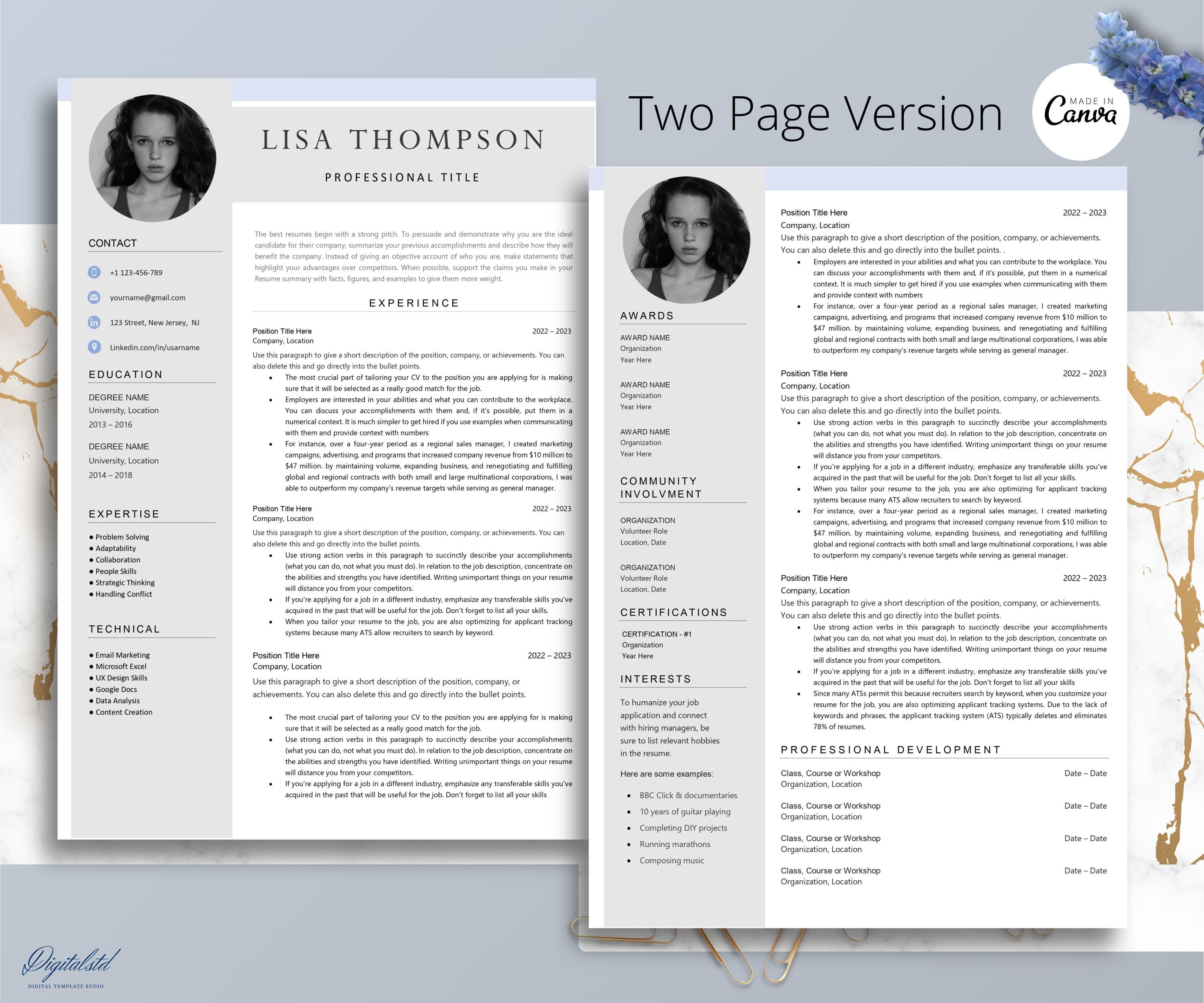 Resume CV Template for Word Pages, 1, 2 3 Page Resume Template With ...