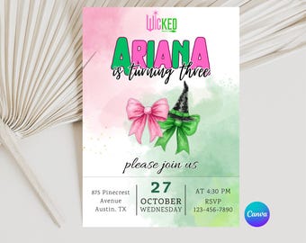 Uitnodiging voor verjaardagsfeestje | Geweldige feestuitnodiging | Op WICKED geïnspireerde filmuitnodiging | Elphaba & Glinda-thema | Bewerkbaar op canvas