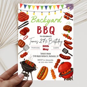 May include: An invitation for a Backyard BBQ, featuring illustrations of grilled food and a barbecue. The text reads "Backyard BBQ to celebrate Tomas' 27th Birthday" with date, time, and RSVP details.