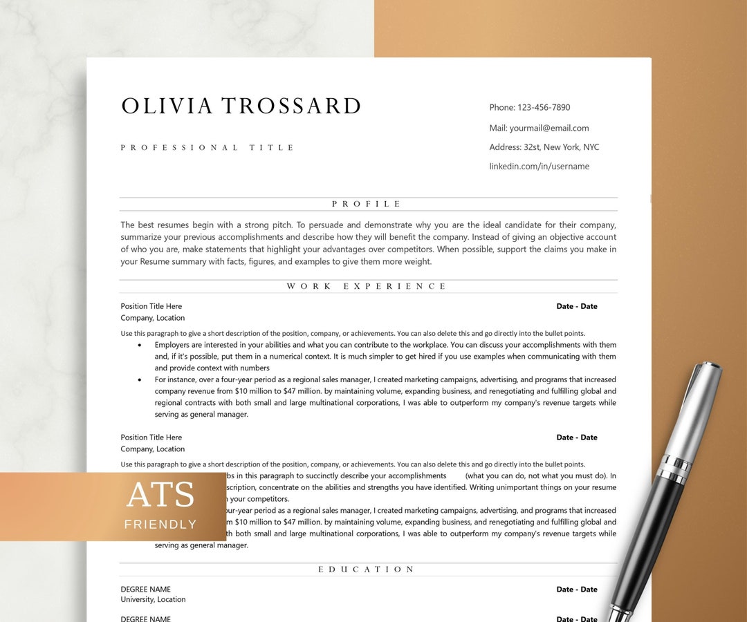 ATS Friendly Resume Template Word, Pages, Editable ATS Resume, ATS Cv ...