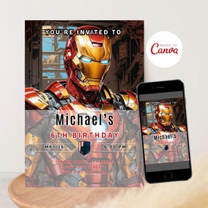 May include: An invitation featuring Iron Man, with the text "YOU'RE INVITED TO Michael's 6TH BIRTHDAY" and event details. A smartphone displays the same design. The design includes red, gold, and blue colors.