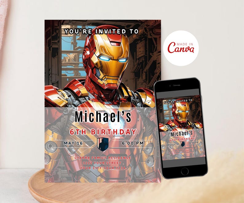 May include: An invitation featuring Iron Man, with the text "YOU'RE INVITED TO Michael's 6TH BIRTHDAY" and event details. A smartphone displays the same design. The design includes red, gold, and blue colors.