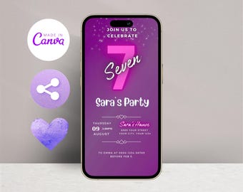 Neon Pink Birthday Invitation, Editable Purple Birthday Invitation, Printable Pink Neon Purple Birthday Invitation, Text Message Sms Invite