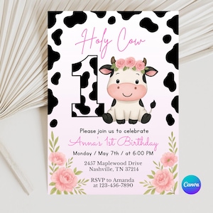 Heilige koe verjaardagsuitnodiging, bewerkbare cowgirl uitnodiging, heilige koe meisje 1e verjaardag uitnodigen, uitnodiging Holly Cow, Canva verjaardagsfeestje uitnodigen