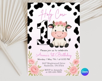 Holy Cow Birthday Invitation, Editable Cowgirl Invitation, Holy Cow Girl 1st Birthday Invite, Holly Cow Invitation, Canva Bday Party Invite