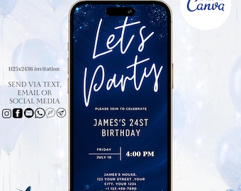 Invito digitale per feste con luci blu neon, invito per messaggio di testo di compleanno, invito scaricabile per feste telefoniche, invito elettronico blu neon oro