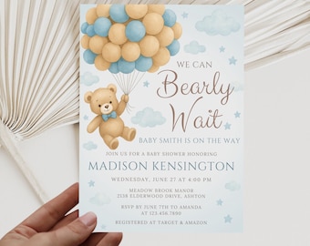 Plantilla de invitación para baby shower "No podemos esperar", editable, osito azul, osito de peluche para baby shower.