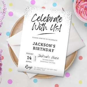 May include: A white birthday invitation with black text. The invitation says "Celebrate With Us!" and includes details for Jackson's birthday party. The party is on Friday, April 14th at 2:00 PM at Jackson's House, 789 Pine Street, Nashville, TN 37206. RSVP to Amanda at 123-456-7890 by April 7th.