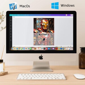 May include: A desktop computer displays a birthday invitation featuring Iron Man. The invitation reads "You're Invited To Michael's 6th Birthday." The computer is on a wooden desk with a keyboard, mouse, and decorative items.