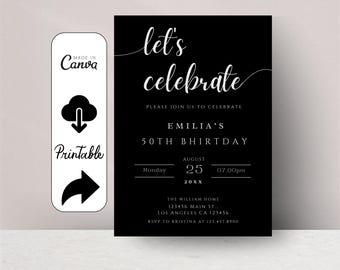 Let's Celebrate Adult Invitation Template, Editable Black Surprise Birthday Party Invite, Anniversary Adult Invites, 30th 40th 50th Invite