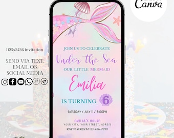 Colorful Mermaid Birthday Invitation Template, Editable Rainbow Mermaid Under The Sea Birthday Party Invitation, Digital Electronic e-Invite