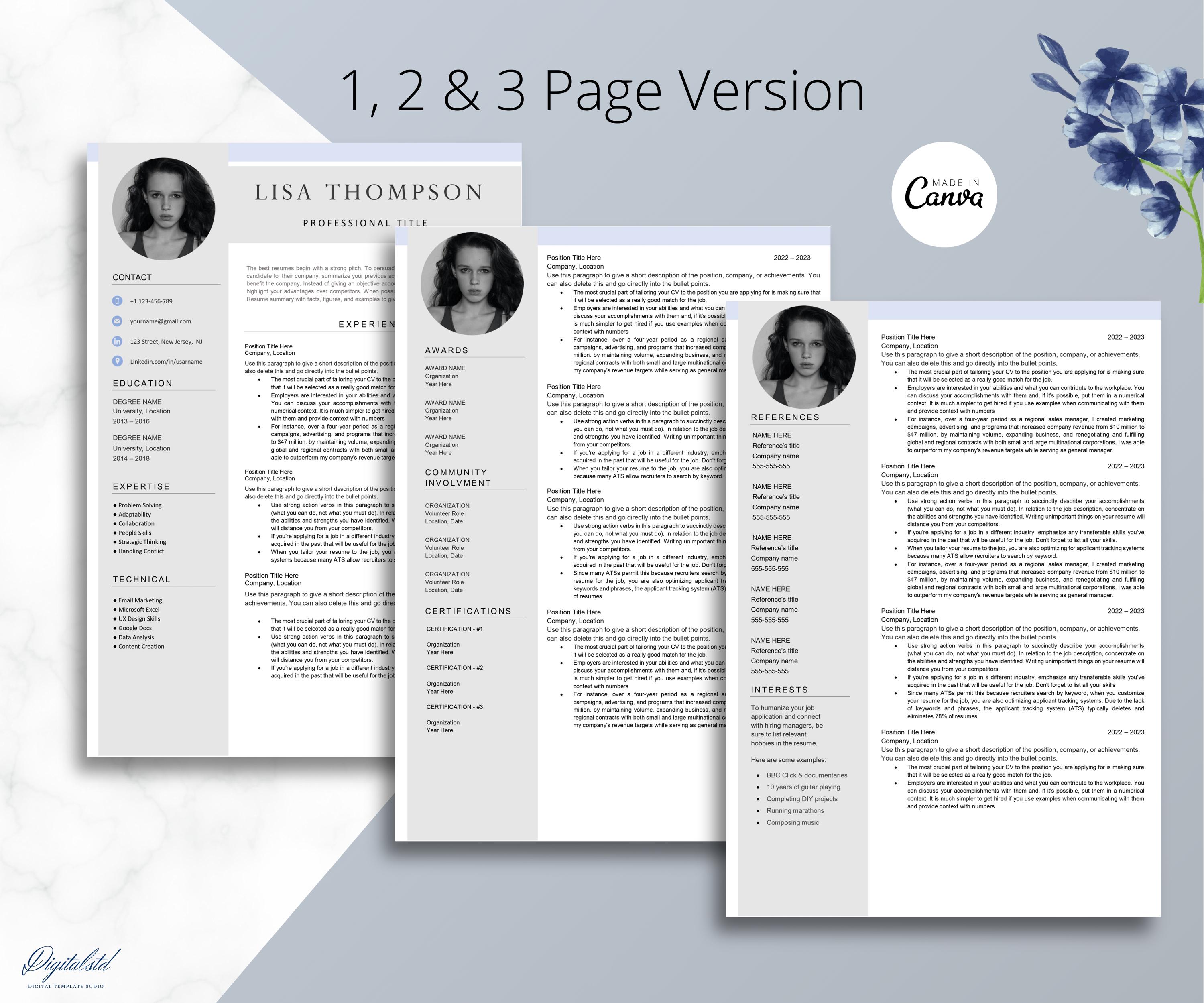 Resume CV Template for Word Pages, 1, 2 3 Page Resume Template With ...