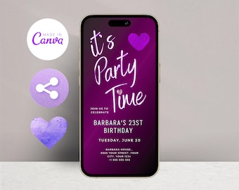 Invitación de cumpleaños morado neón, invitación de cumpleaños morado neón rosa, invitación editable para fiesta de adolescente, mensaje de texto para teléfono móvil, correo electrónico, SMS, Evite