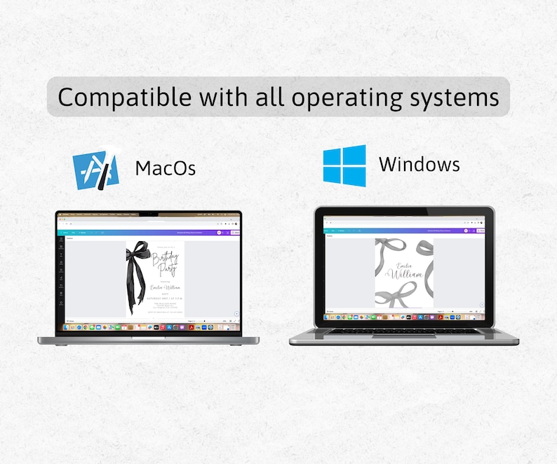 May include: Two laptops displaying invitation designs. One shows a black bow design with "Birthday Party" text, the other a gray bow design. Text at the top reads "Compatible with all operating systems". MacOS and Windows logos are also present.