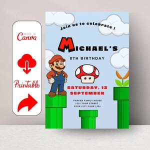 Mario Bros Invitation, Super Mario Birthday Invitation, Super Brothers boy Invite, Video Game, Kid Invite, Editable Template, Editable Canva