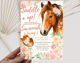 Editable Cowgirl Birthday Invitation, Girl Horse Birthday Invitation Template, Cowgirl Party Horse Invite, Pink Floral Birthday Invitation
