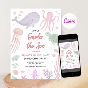 Editable Oneder the Sea Birthday Invitation Printable, Under the Sea Template, 1st Birthday Invite, Ocean Animals Girls Under the Sea Invite