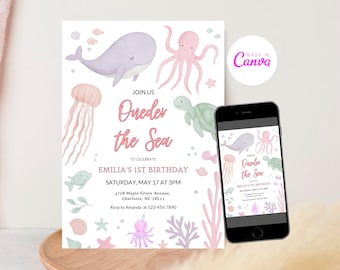 Invitación de cumpleaños imprimible editable de Oneder the Sea, plantilla bajo el mar, invitación de primer cumpleaños, invitación de niñas con animales del océano bajo el mar