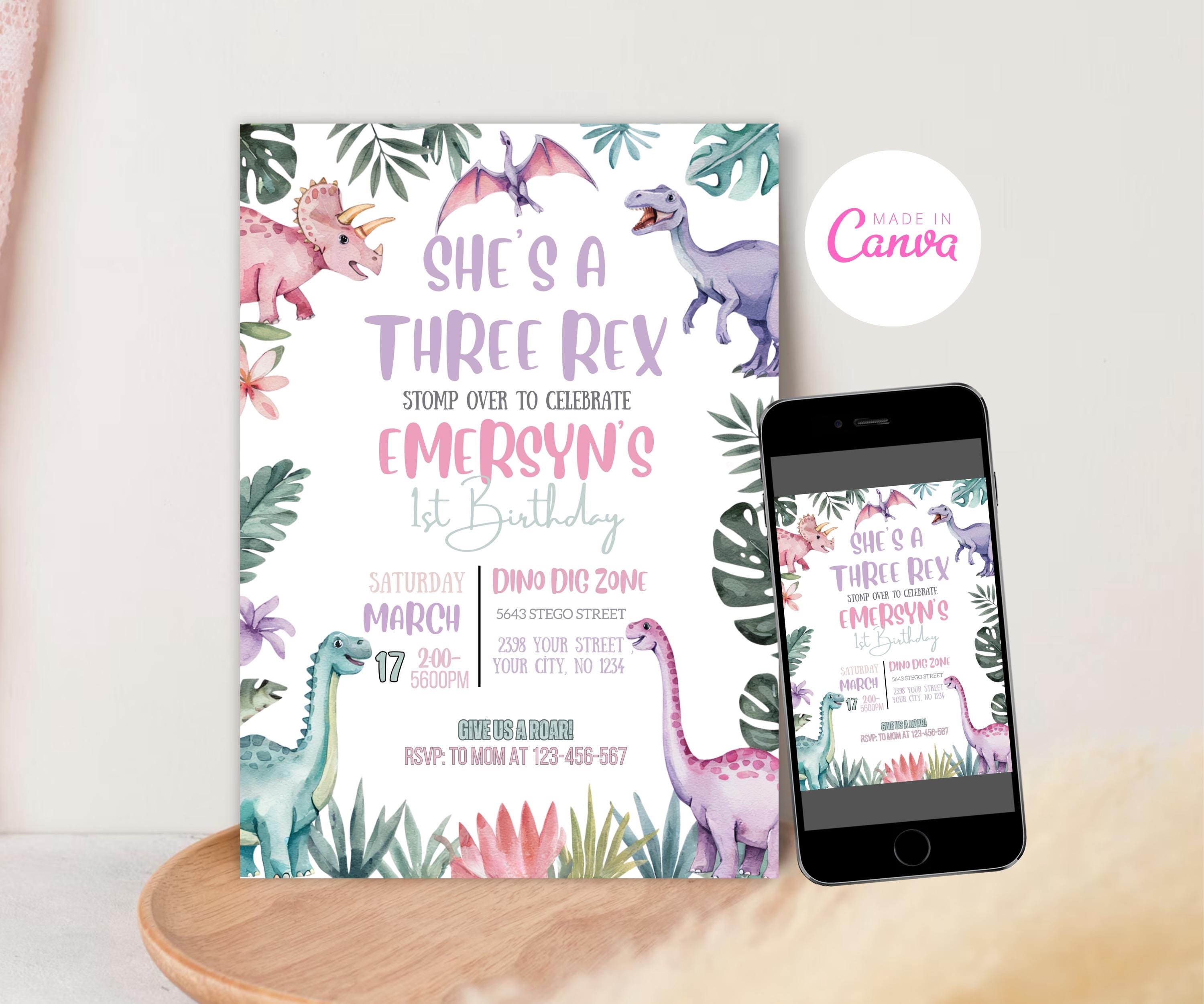 EDITABLE Pastel Dinosaur Birthday Invitation Girl Three Rex Party Editable Invite Cute Dino Pink Template Printable