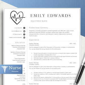 May include: A black and white resume template for a registered nurse named Emily Edwards. The resume includes a professional summary, education, and experience sections. The resume is designed with a heart and stethoscope graphic.