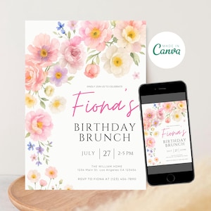 Geburtstags-Brunch-Einladungsvorlage, EDITIERBARE Frühling und Sommer Wildblumen-Geburtstagsfeier, DRUCKBAR Boho Blumen-Geburtstagsessen