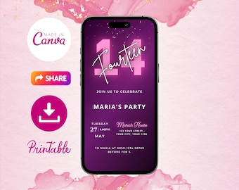Invitación de cumpleaños editable en rosa neón morado, invitación de cumpleaños imprimible en rosa y morado neón, invitación para fiesta por mensaje de texto, invitación electrónica por teléfono con mensaje de texto