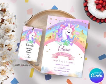 Editable Unicorn Rainbow Birthday Invitation, Girl Birthday Party Invite, Digital Printable Rainbow Invitation, Rainbow Unicorn Flowers Gold