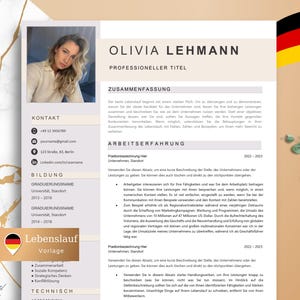 May include: A CV template featuring "Olivia Lehmann" at the top, with sections for contact details, education, work history, and skills. A photograph of a woman is in the upper left. The background is beige and gold.