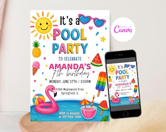 Pool Birthday Invite, Editable Pool Party Invitation, Summer Swimming Any Age Birthday Party Invite, Girl & Boy Birthday, Instant Download
