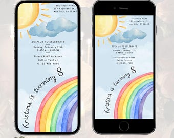 Editable Watercolor Rainbow Birthday Party Invitation Template, Colorful Party Invite, Girls Party Invites, Digital E-Invite, Canva Template