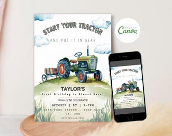 May include: A green and white tractor with a wagon is featured on a watercolour birthday invitation. The invitation says "Start Your Tractor and Put It In Gear" and "Taylor's First Birthday is Almost Here!" The invitation also includes the date, time, and location of the party.