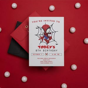May include: A red and blue Spiderman cartoon character is on a white invitation card with the text "You're invited to Tobey's 8th Birthday" and details for the party.