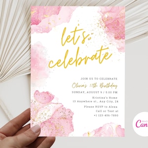 Blush Pink Let&#39;s Celebrate Invitation Template, Editable Pink Gold Birthday Party Invite, Printable Baby Shower Party Any Age Gold Glittery