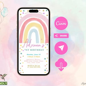 Rainbow Pink Birthday Invitation, Editable Rainbow Colorful  Birthday Invitation, Modern Stars Boho Girls Birthday Template, Message Invite