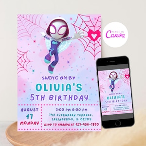 Invito di compleanno modificabile a tema ragno fantasma, invito di compleanno di Spider-Man, invito di compleanno di Spider-Man, invito a tema ragno fantasma, biglietto di auguri per la festa di compleanno di Gwen