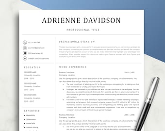 May include: A black and white resume template with the name Adrienne Davidson at the top. The resume includes sections for professional overview, work experience, education, and expertise.