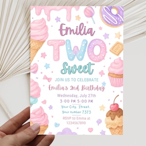 Two Sweet Birthday Invitation, EDITABLE Two Sweet Invitation, 2nd Birthday Invitation, Two Year Dessert Invite, Candy Sweets Donut Invite