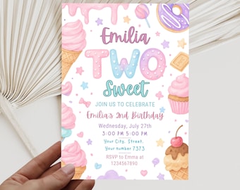 Two Sweet Birthday Invitation, EDITABLE Two Sweet Invitation, 2nd Birthday Invitation, Two Year Dessert Invite, Candy Sweets Donut Invite