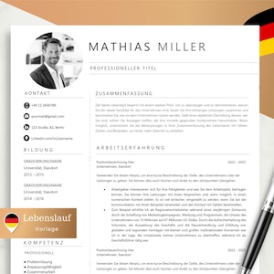 Può includere: Un modello di curriculum vitae in stile tedesco con una foto di un uomo in abito. Il curriculum vitae include sezioni per informazioni di contatto, istruzione, esperienza lavorativa, competenze e un riepilogo. Il modello è progettato per essere professionale e facile da leggere.