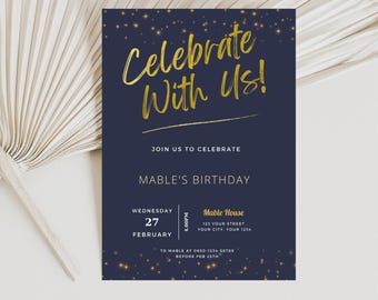 May include: Navy blue invitation with gold text that reads "Celebrate With Us!" and "Mable's Birthday." The invitation includes date, time, and address details. Gold stars are scattered across the dark blue background.