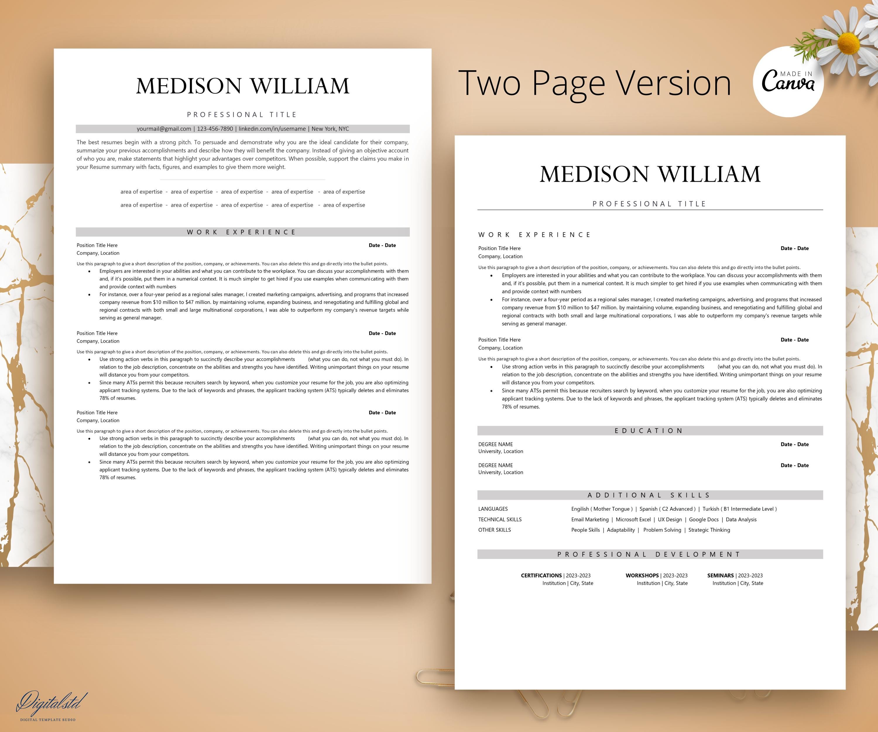 Minimalist ATS Friendly Resume Template for Mac Pages & Word, Clean ...