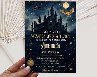 Bewerkbare magische verjaardagsuitnodiging, Wizards Witches verjaardagsuitnodiging sjabloon, afdrukbare Magic Wizardry Castle verjaardagsfeestje uitnodiging
