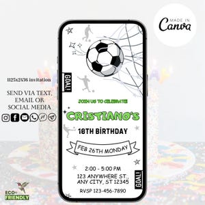Plantilla de invitación de fútbol, invitación digital para fiesta de cumpleaños de fútbol, cumpleaños de fútbol editable, invitación electrónica de cumpleaños para teléfono infantil