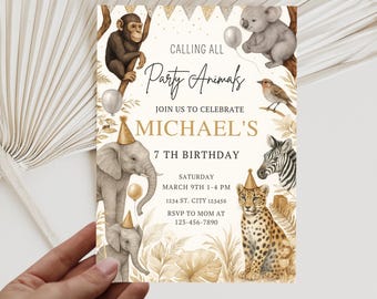 May include: A gold and white party invitation with a jungle animal theme. The invitation says "Calling all Party Animals" and "Join us to celebrate Michael's 7th Birthday".