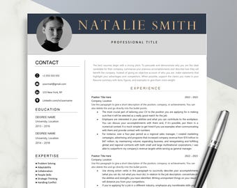 May include: A black and white resume template with a professional headshot of a woman. The resume includes contact information, education, experience, and expertise sections. The text "NATALIE SMITH" is displayed in gold lettering at the top of the page.
