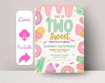 Two Sweet Birthday Invitation, Two Sweet Invitation, 2nd Birthday Photo Invitation, Two Year Dessert Invite, Candy Sweets Donut Invite